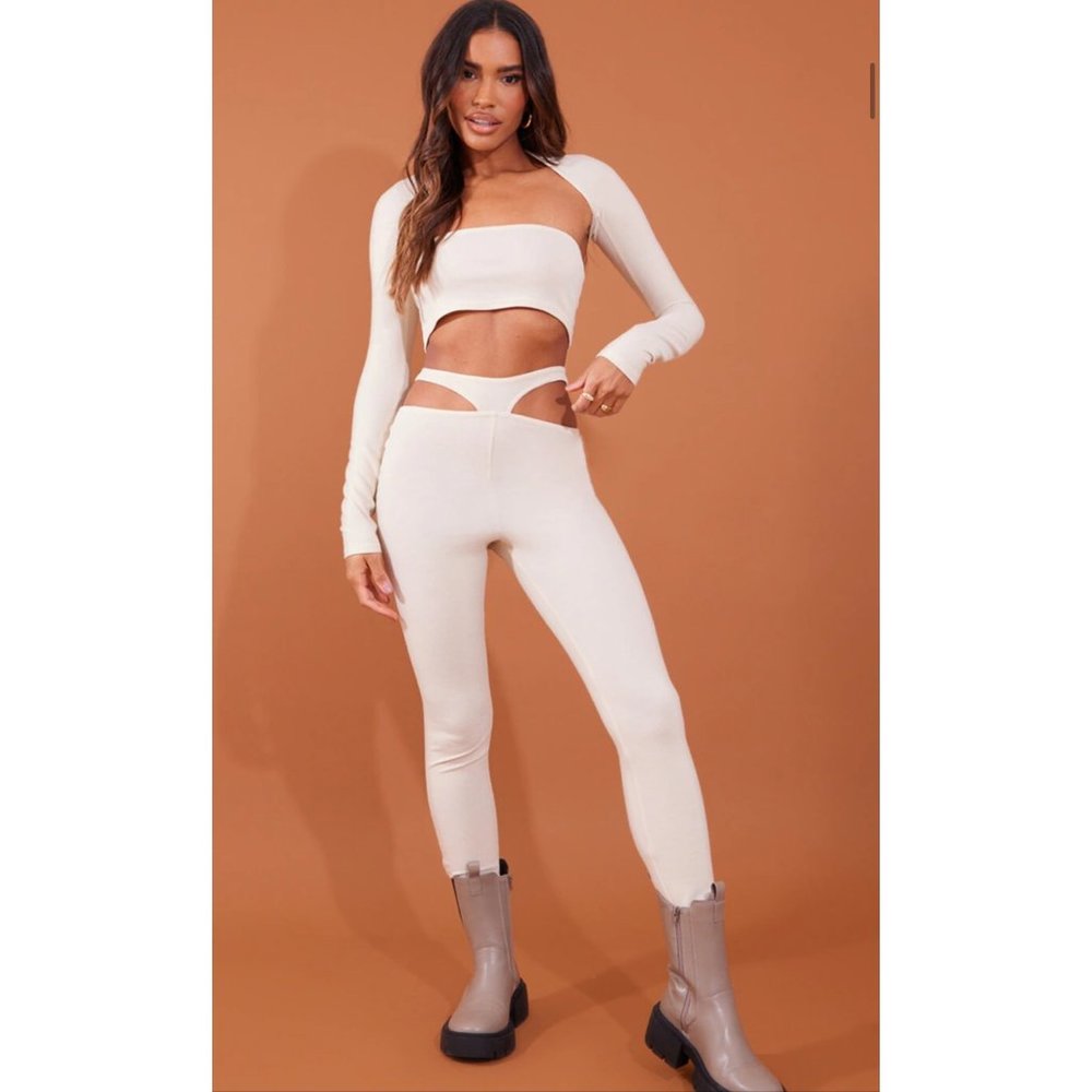 pretty little thing beige cutout pant set with matching long sleeve top